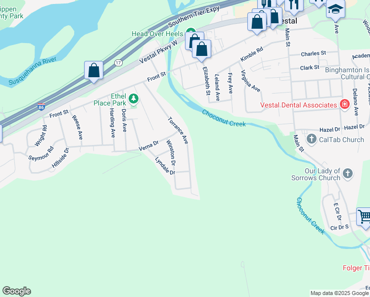 map of restaurants, bars, coffee shops, grocery stores, and more near 508 Torrance Avenue in Vestal