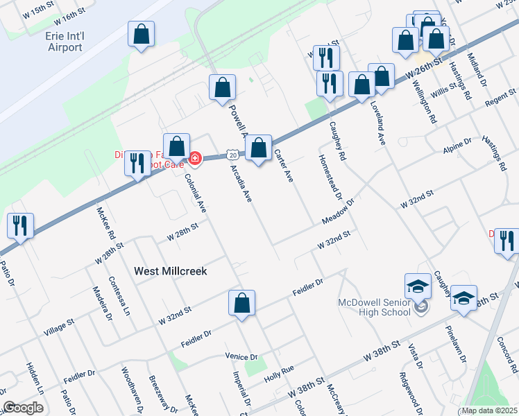 map of restaurants, bars, coffee shops, grocery stores, and more near 2813 Arcadia Avenue in Erie