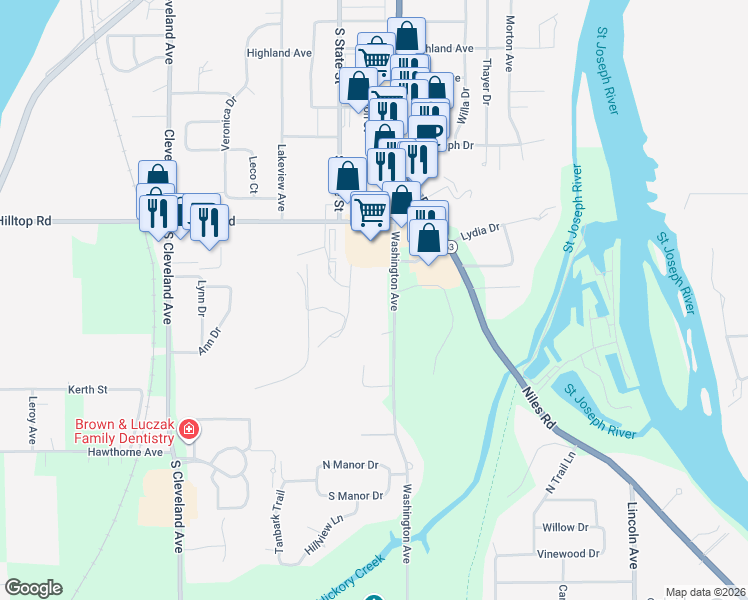 map of restaurants, bars, coffee shops, grocery stores, and more near 2192 Washington Avenue in Saint Joseph
