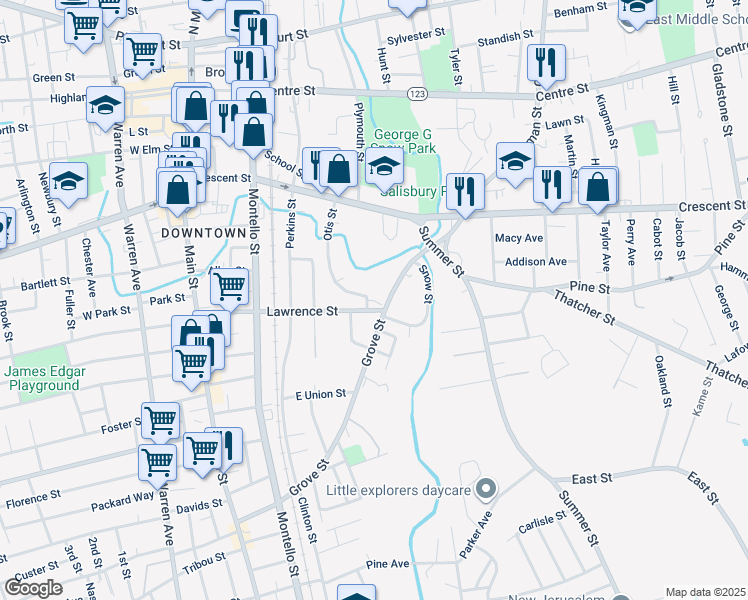map of restaurants, bars, coffee shops, grocery stores, and more near 278 Grove Street in Brockton