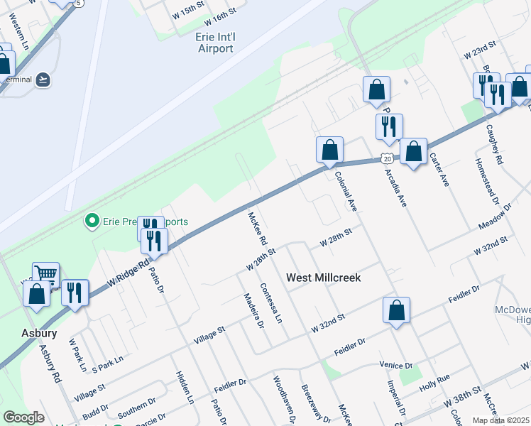map of restaurants, bars, coffee shops, grocery stores, and more near 4166 U.S. 20 in Erie