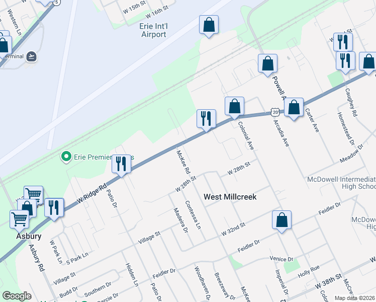 map of restaurants, bars, coffee shops, grocery stores, and more near 4166 U.S. 20 in Erie