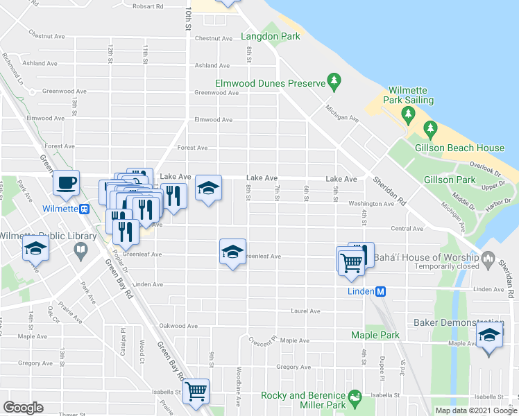 map of restaurants, bars, coffee shops, grocery stores, and more near 730 Washington Avenue in Wilmette
