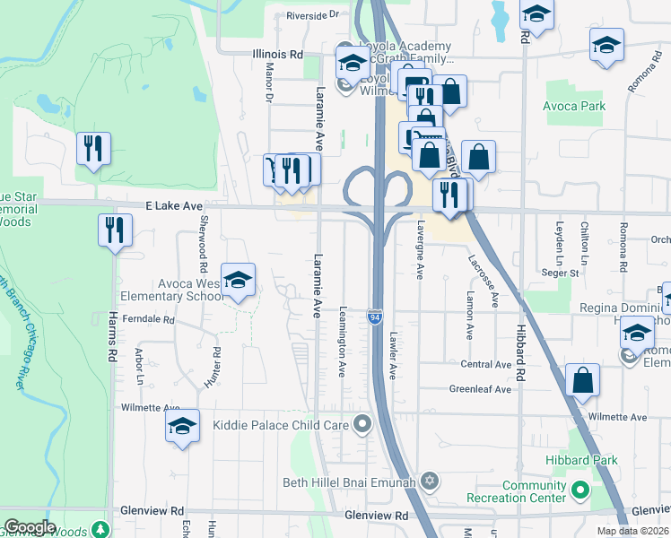 map of restaurants, bars, coffee shops, grocery stores, and more near 805 Leamington Avenue in Wilmette