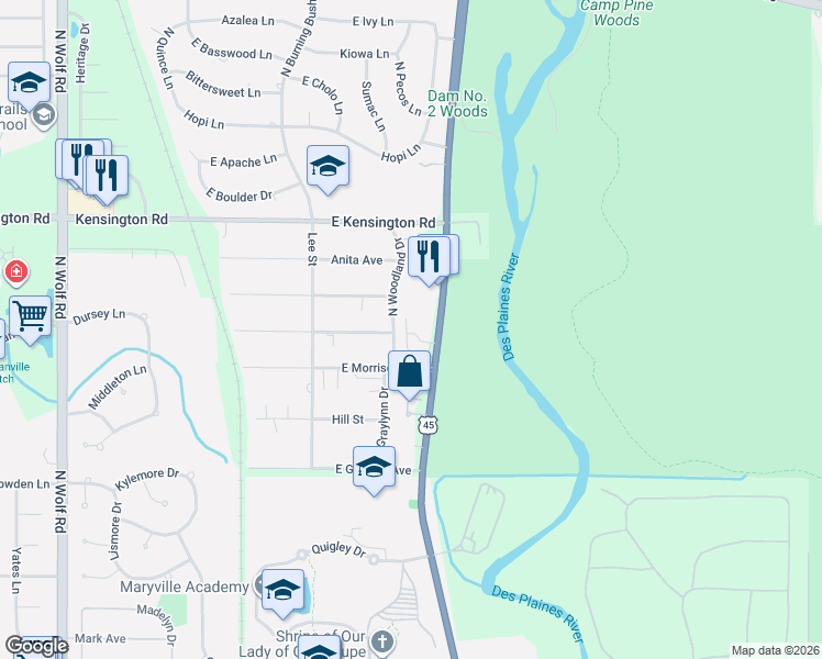 map of restaurants, bars, coffee shops, grocery stores, and more near 255 North Woodland Drive in Mount Prospect