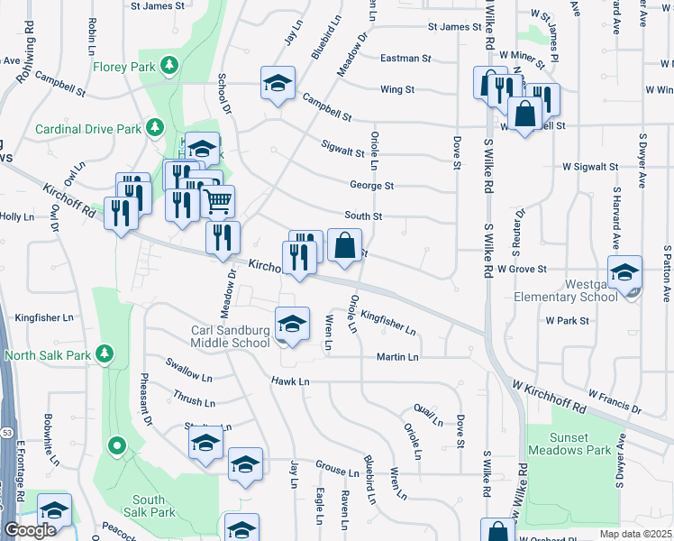 map of restaurants, bars, coffee shops, grocery stores, and more near 2501 Park Street in Rolling Meadows