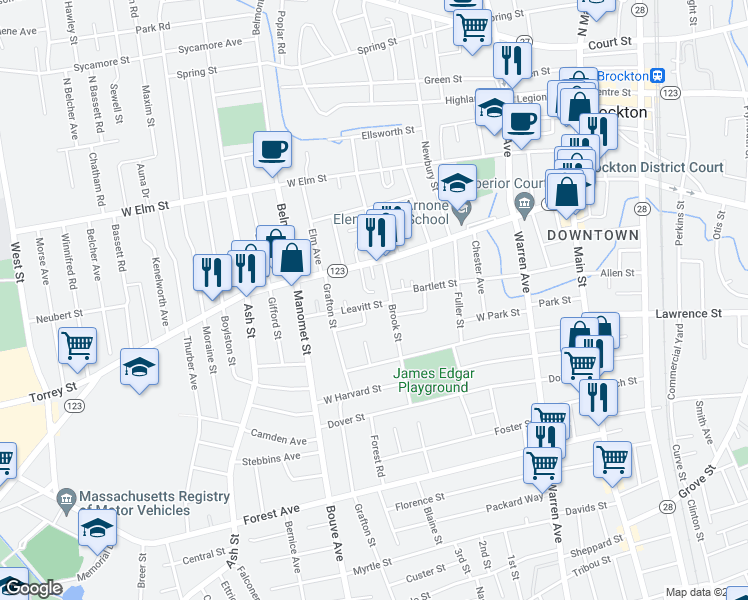 map of restaurants, bars, coffee shops, grocery stores, and more near 13 Leavitt Street in Brockton