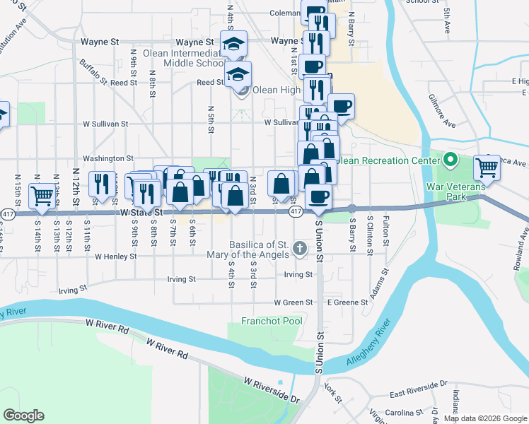 map of restaurants, bars, coffee shops, grocery stores, and more near 111-15 North 2nd Street in Olean