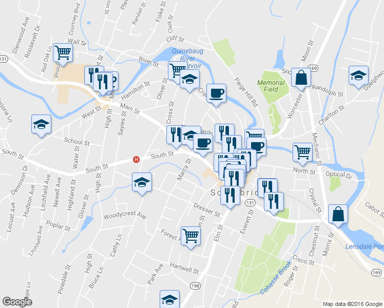 map of restaurants, bars, coffee shops, grocery stores, and more near Main St & Marcy St in Southbridge