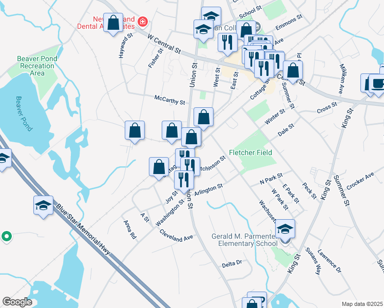 map of restaurants, bars, coffee shops, grocery stores, and more near 178 Cottage Street in Franklin