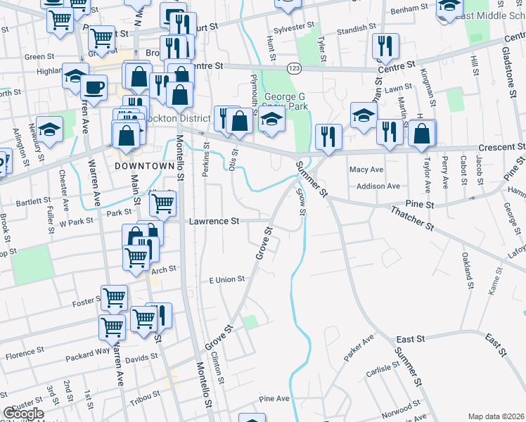 map of restaurants, bars, coffee shops, grocery stores, and more near 278 Grove Street in Brockton