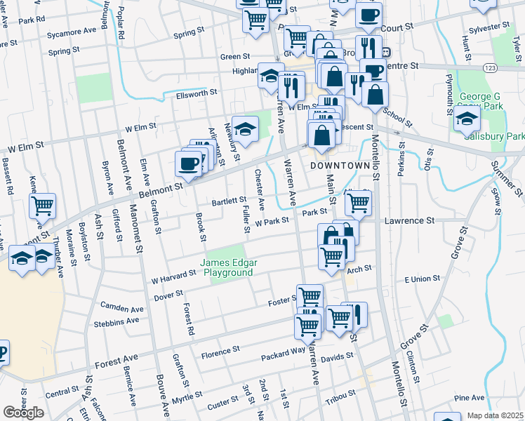 map of restaurants, bars, coffee shops, grocery stores, and more near 80 Bartlett Street in Brockton