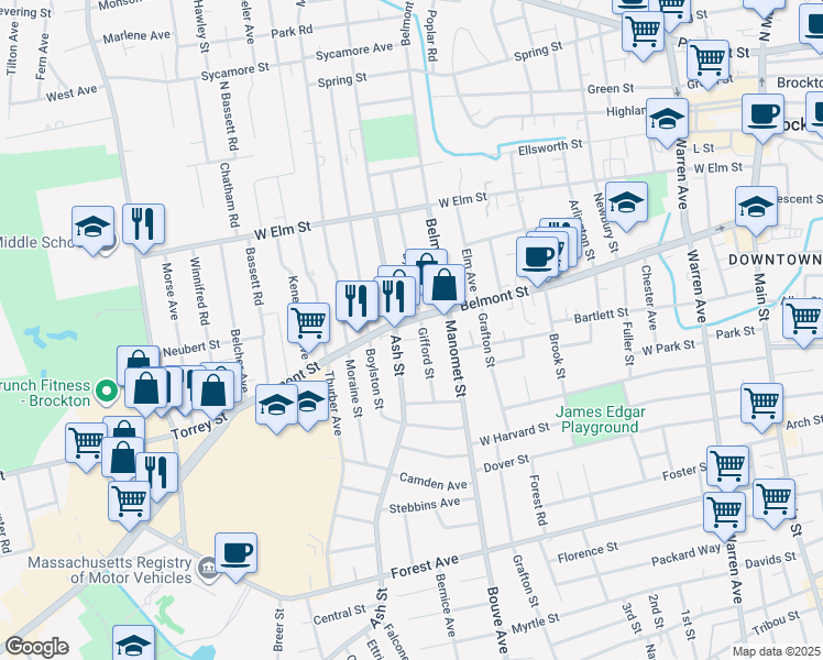 map of restaurants, bars, coffee shops, grocery stores, and more near 345 Belmont Street in Brockton