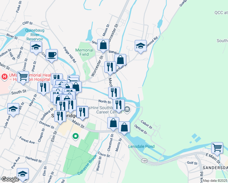 map of restaurants, bars, coffee shops, grocery stores, and more near 162 Mechanic Street in Southbridge