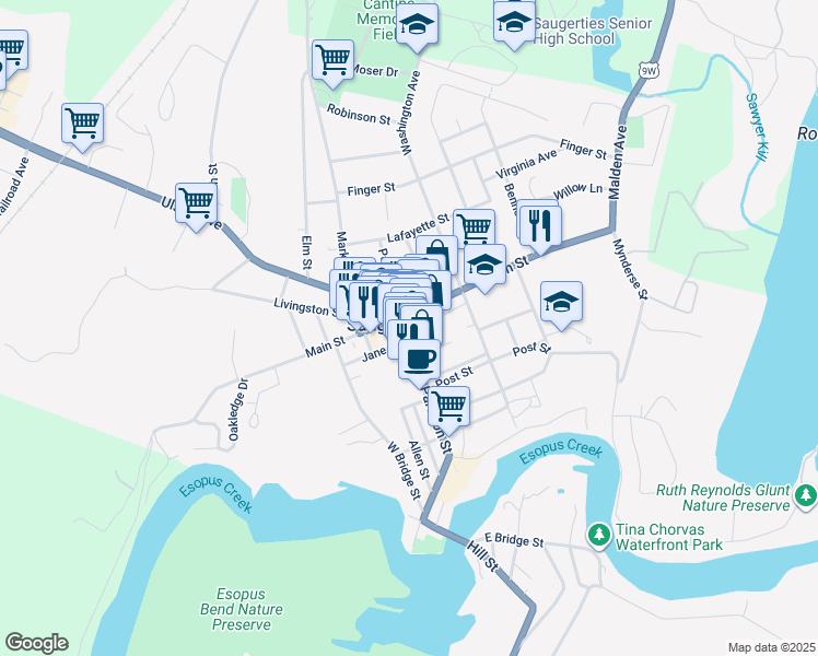 map of restaurants, bars, coffee shops, grocery stores, and more near 184 Main Street in Saugerties