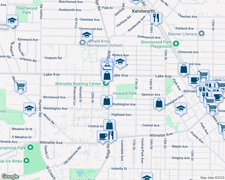 map of restaurants, bars, coffee shops, grocery stores, and more near 1840 Washington Avenue in Wilmette