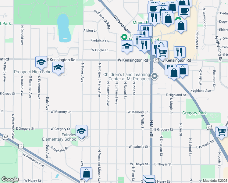 map of restaurants, bars, coffee shops, grocery stores, and more near 610 North Elmhurst Avenue in Mount Prospect