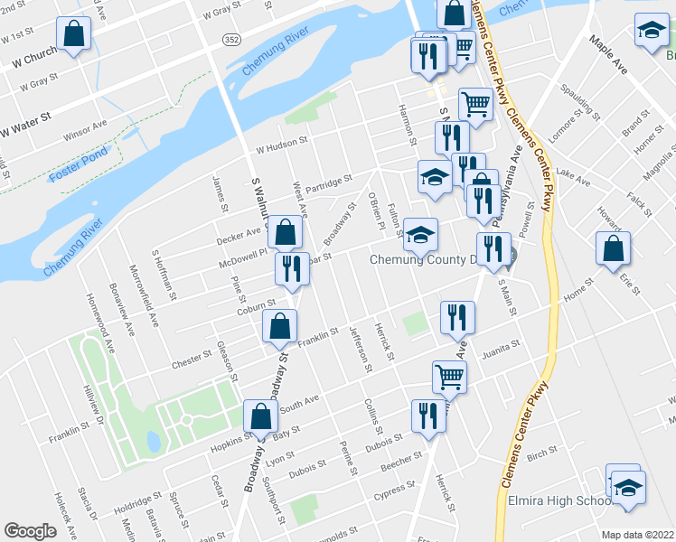 map of restaurants, bars, coffee shops, grocery stores, and more near 407 Jefferson Street in Elmira