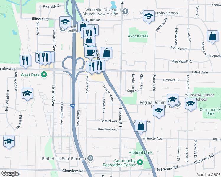 map of restaurants, bars, coffee shops, grocery stores, and more near 777 Skokie Boulevard in Wilmette