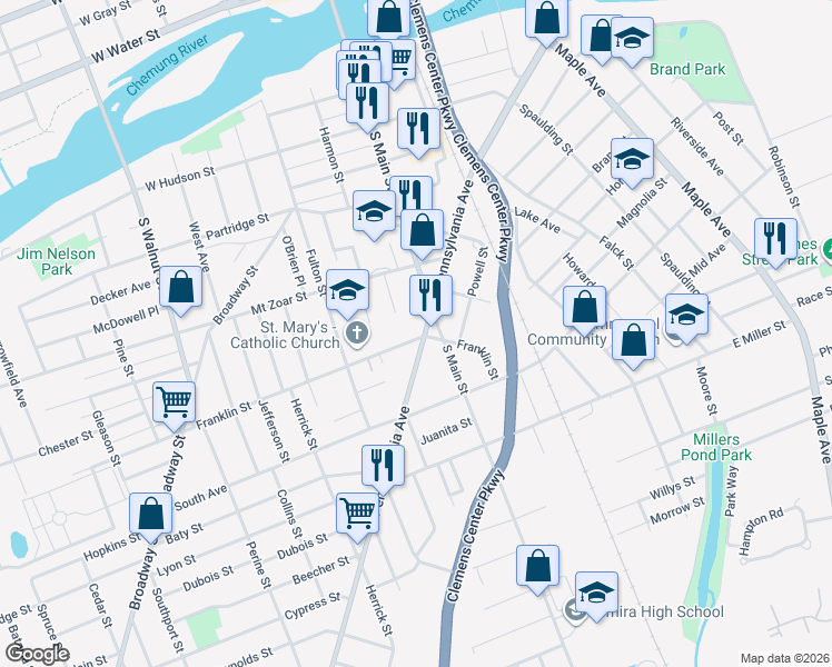 map of restaurants, bars, coffee shops, grocery stores, and more near 447-477 New York State Bicycle Route 14 in Elmira