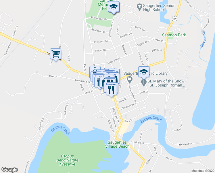 map of restaurants, bars, coffee shops, grocery stores, and more near 228 Main Street in Saugerties