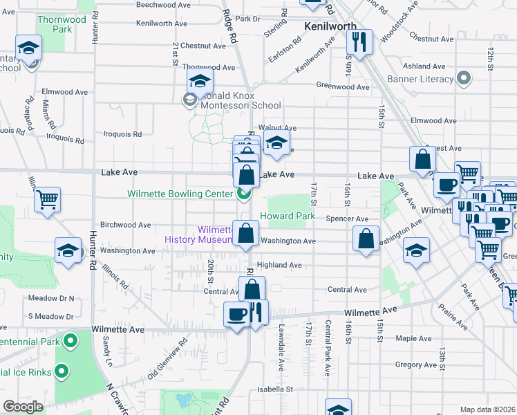 map of restaurants, bars, coffee shops, grocery stores, and more near 1840 Washington Avenue in Wilmette