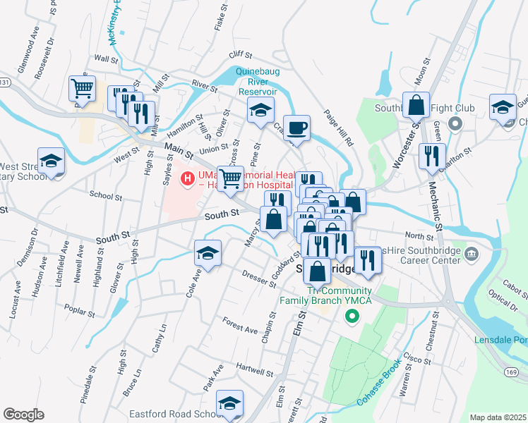 map of restaurants, bars, coffee shops, grocery stores, and more near 82 Marcy Street in Southbridge
