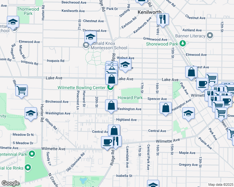 map of restaurants, bars, coffee shops, grocery stores, and more near 1840 Washington Avenue in Wilmette