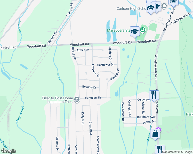 map of restaurants, bars, coffee shops, grocery stores, and more near 31560 Lavender Drive in Brownstown Charter Township