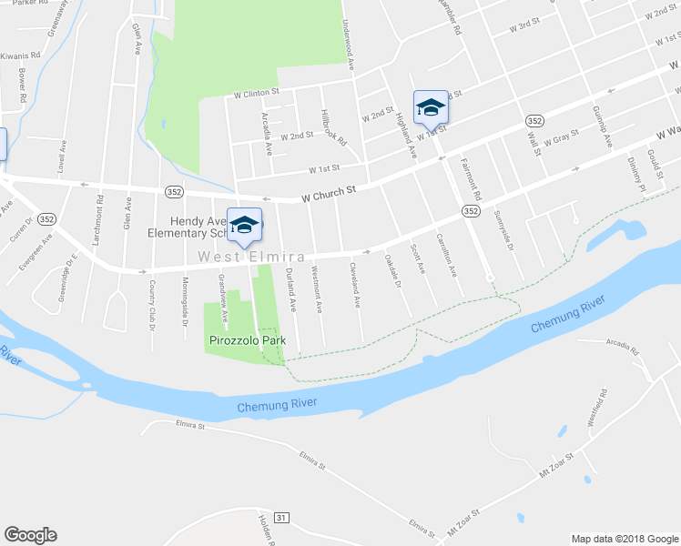 map of restaurants, bars, coffee shops, grocery stores, and more near 97 Cleveland Avenue in Elmira