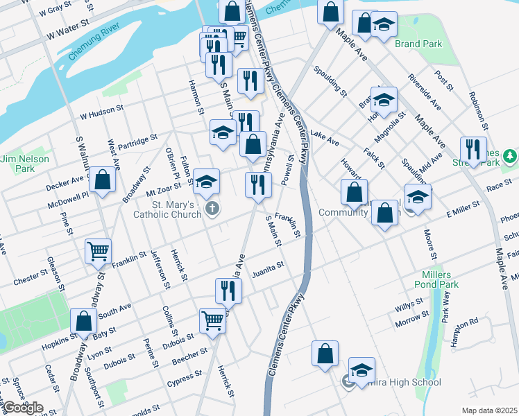 map of restaurants, bars, coffee shops, grocery stores, and more near New York State Bicycle Route 14 in Elmira
