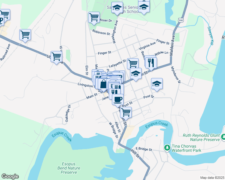 map of restaurants, bars, coffee shops, grocery stores, and more near in Saugerties