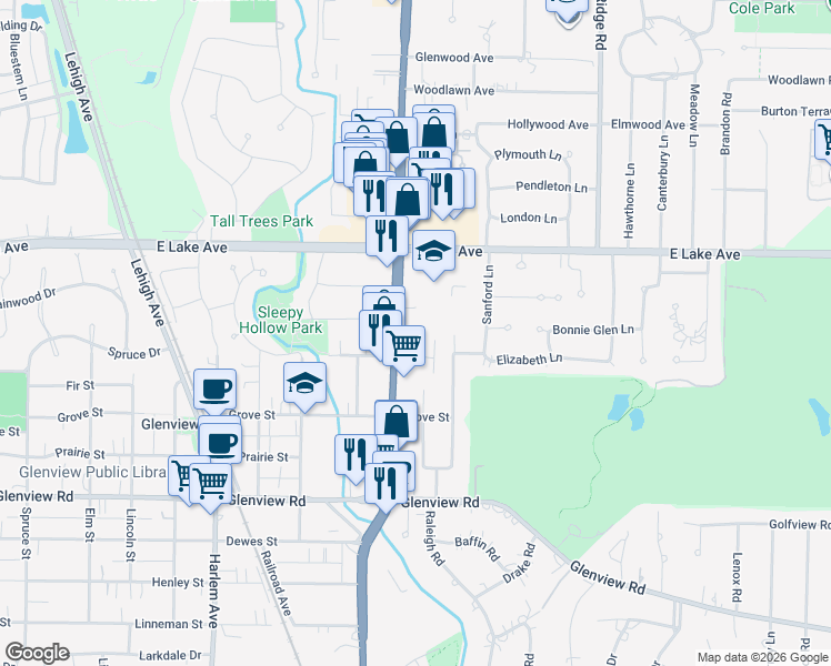 map of restaurants, bars, coffee shops, grocery stores, and more near 1301 North Waukegan Road in Northfield