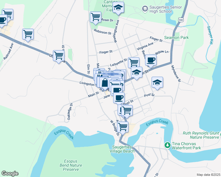 map of restaurants, bars, coffee shops, grocery stores, and more near in Saugerties