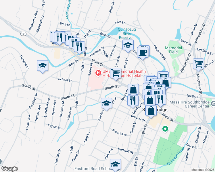 map of restaurants, bars, coffee shops, grocery stores, and more near 64 South Street in Southbridge
