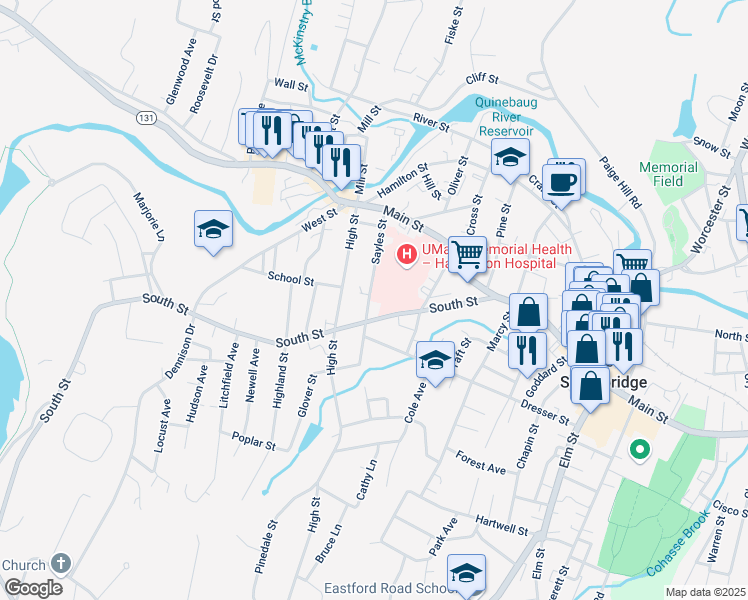 map of restaurants, bars, coffee shops, grocery stores, and more near 103 Sayles Street in Southbridge