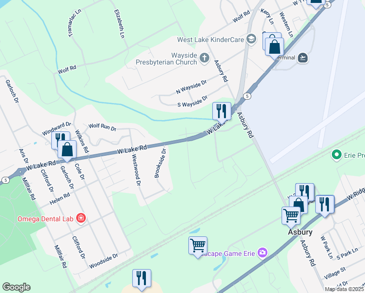 map of restaurants, bars, coffee shops, grocery stores, and more near 1610 Woodside Drive in Erie