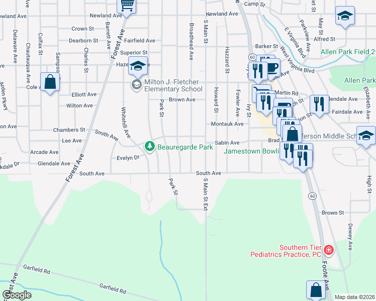map of restaurants, bars, coffee shops, grocery stores, and more near 436 Broadhead Avenue in Jamestown