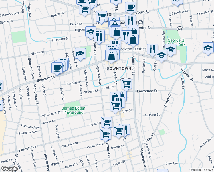 map of restaurants, bars, coffee shops, grocery stores, and more near 371 Main Street in Brockton