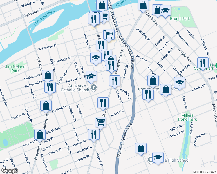 map of restaurants, bars, coffee shops, grocery stores, and more near 447-477 New York State Bicycle Route 14 in Elmira