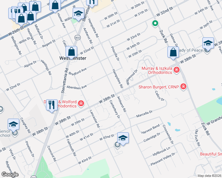 map of restaurants, bars, coffee shops, grocery stores, and more near 3626 Amherst Rd in Erie