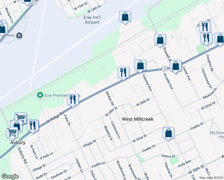 map of restaurants, bars, coffee shops, grocery stores, and more near 4166 U.S. 20 in Erie