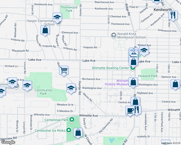 map of restaurants, bars, coffee shops, grocery stores, and more near 2210 Schiller Avenue in Wilmette