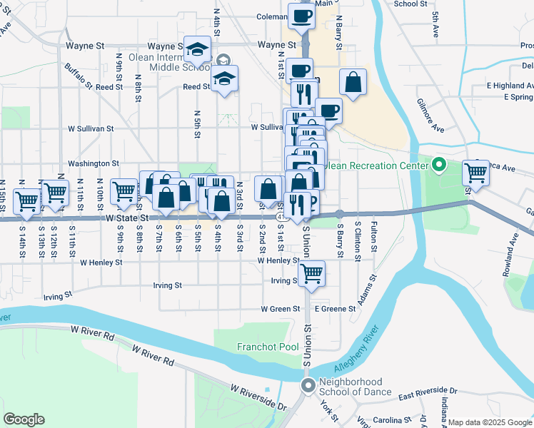 map of restaurants, bars, coffee shops, grocery stores, and more near 102 North 2nd Street in Olean