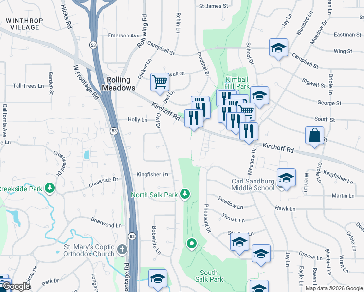 map of restaurants, bars, coffee shops, grocery stores, and more near 3305 Kirchoff Road in Rolling Meadows