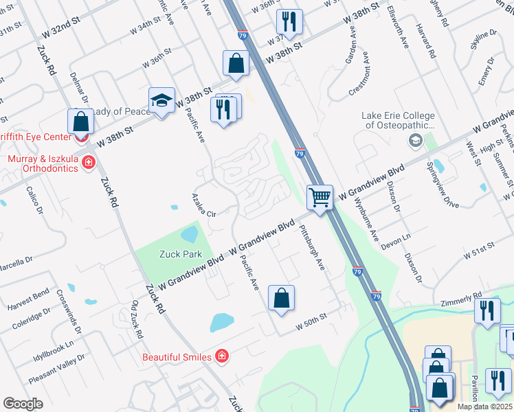 map of restaurants, bars, coffee shops, grocery stores, and more near 2292 Columbus Drive in Erie