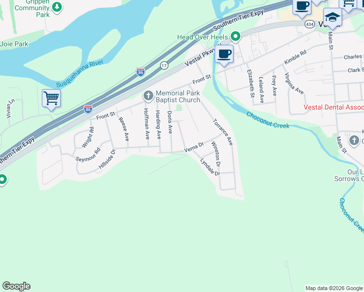 map of restaurants, bars, coffee shops, grocery stores, and more near 320-324 Leroy Avenue in Vestal
