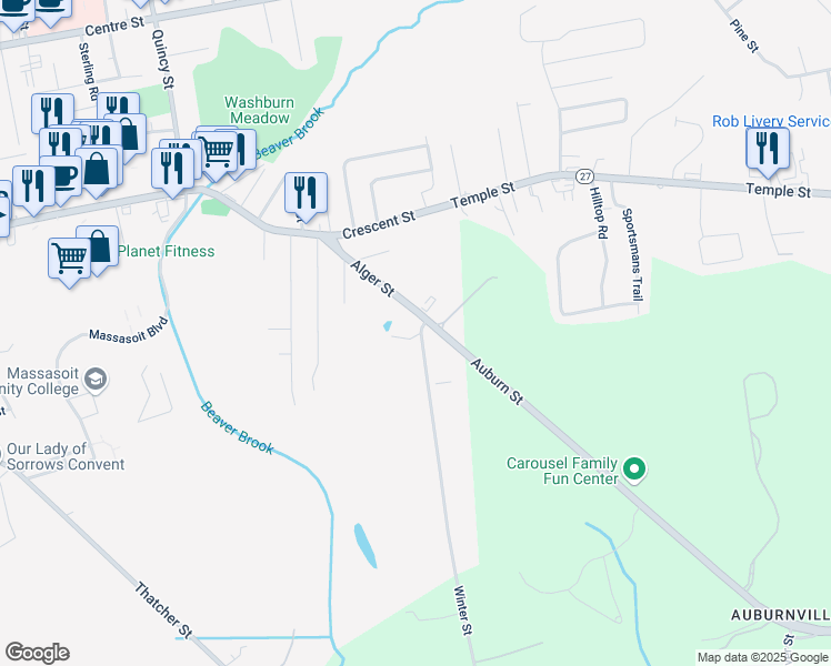 map of restaurants, bars, coffee shops, grocery stores, and more near 201 Alger Street in Brockton