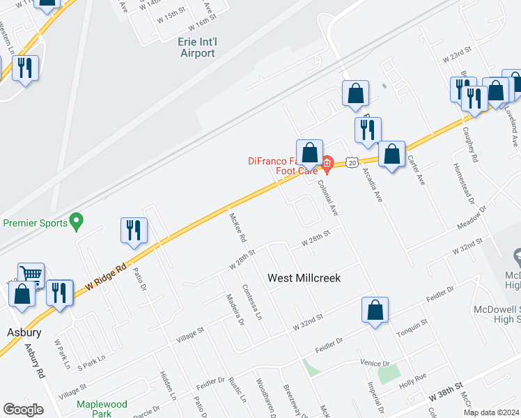 map of restaurants, bars, coffee shops, grocery stores, and more near 4153 West Ridge Road in Erie