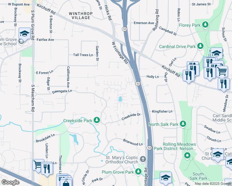 map of restaurants, bars, coffee shops, grocery stores, and more near 5 Auburn Drive in Rolling Meadows